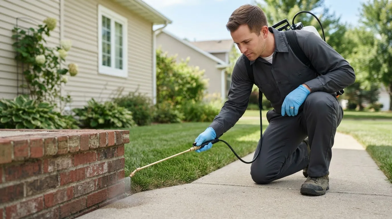 Pest control technician treating a home near Spragueville, IA