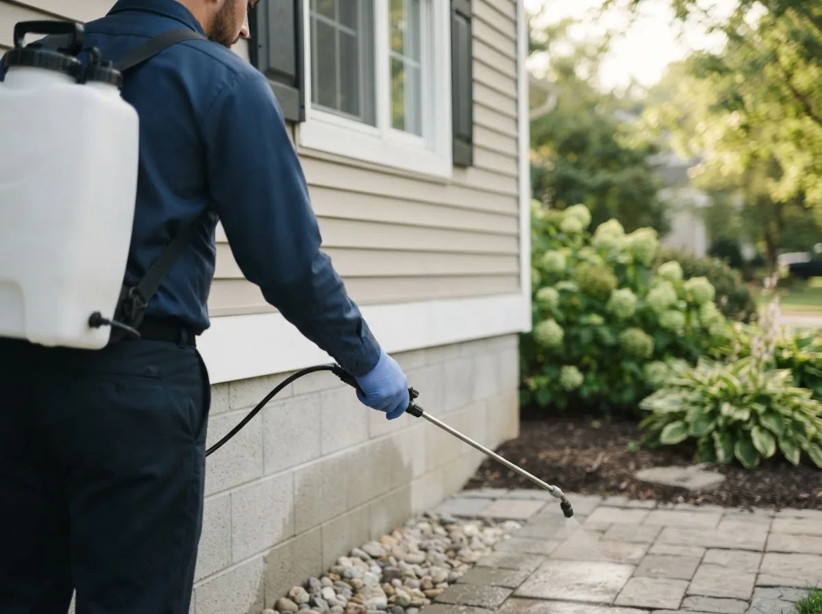 Pest control technician inspecting a home in Spragueville, IA